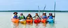 Several women are lined up side-by-side in solo sea kayaks on Lake Huron.